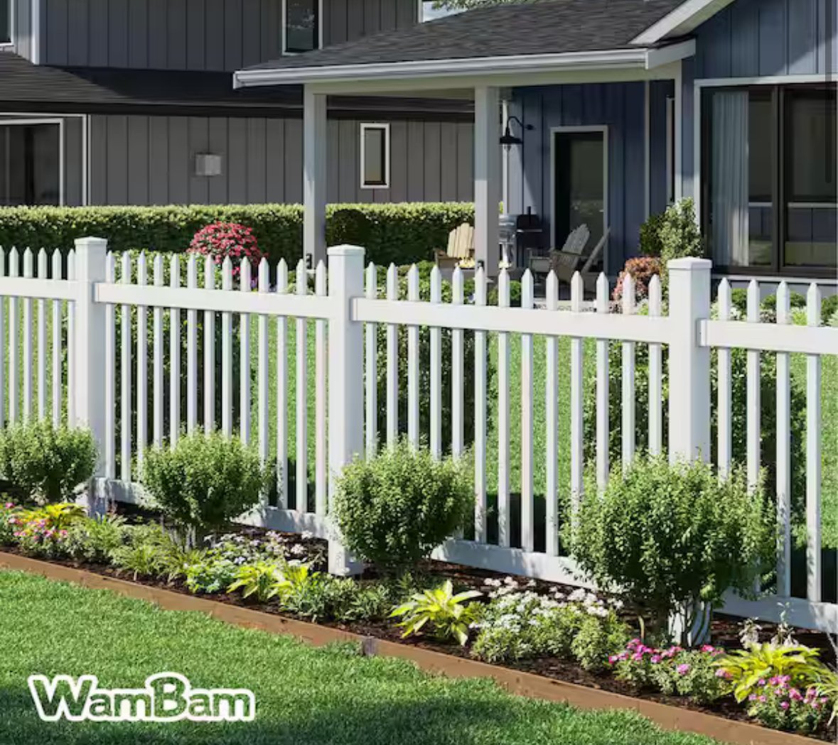 White vinyl fence with gate around a landscaped front porch in Brookshire TX